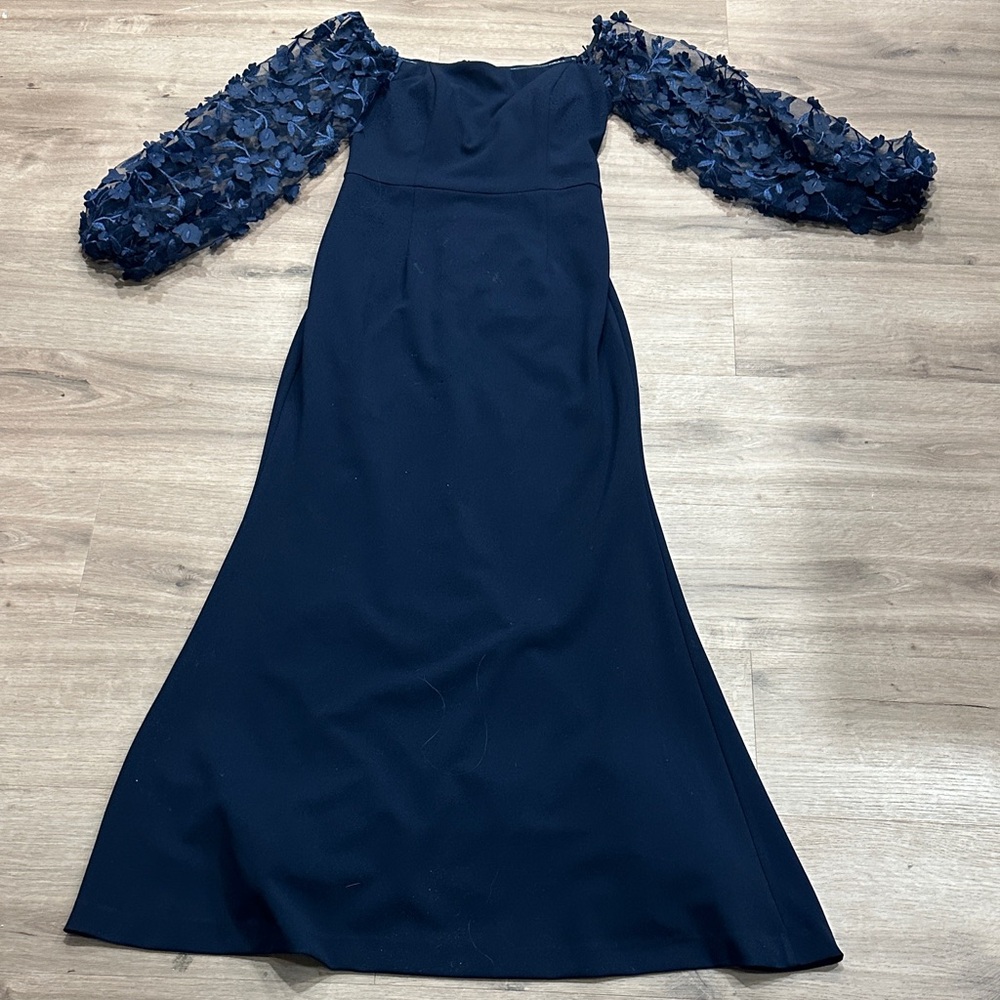 Eliza J Navy Dress with Textured Sleeves